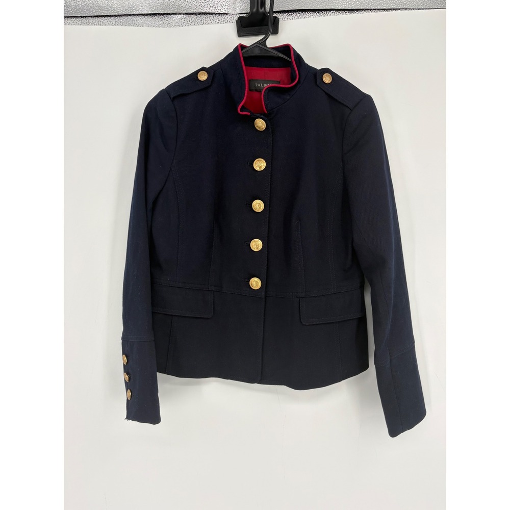 Talbots Blazer Women 4 Navy Blue Military Jacket Gold Crest Buttons Red Trim